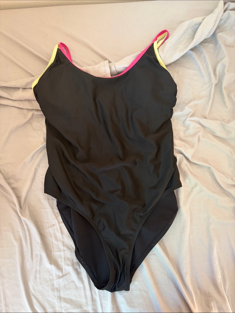 No Boundaries Black One-Piece Swimsuit with Pink and Yellow Trim